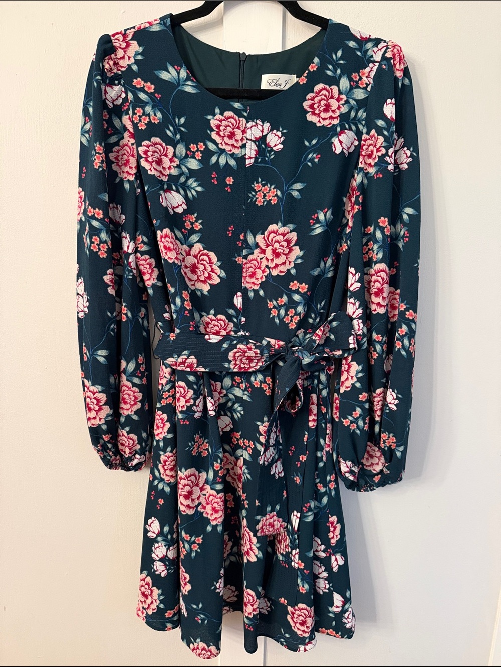 Eliza J Floral Belted Teal Fit-and-Flare Dress with Pink Roses